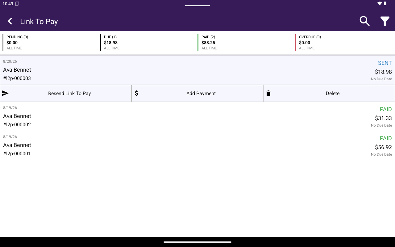 Expanded Link To Pay row actions
