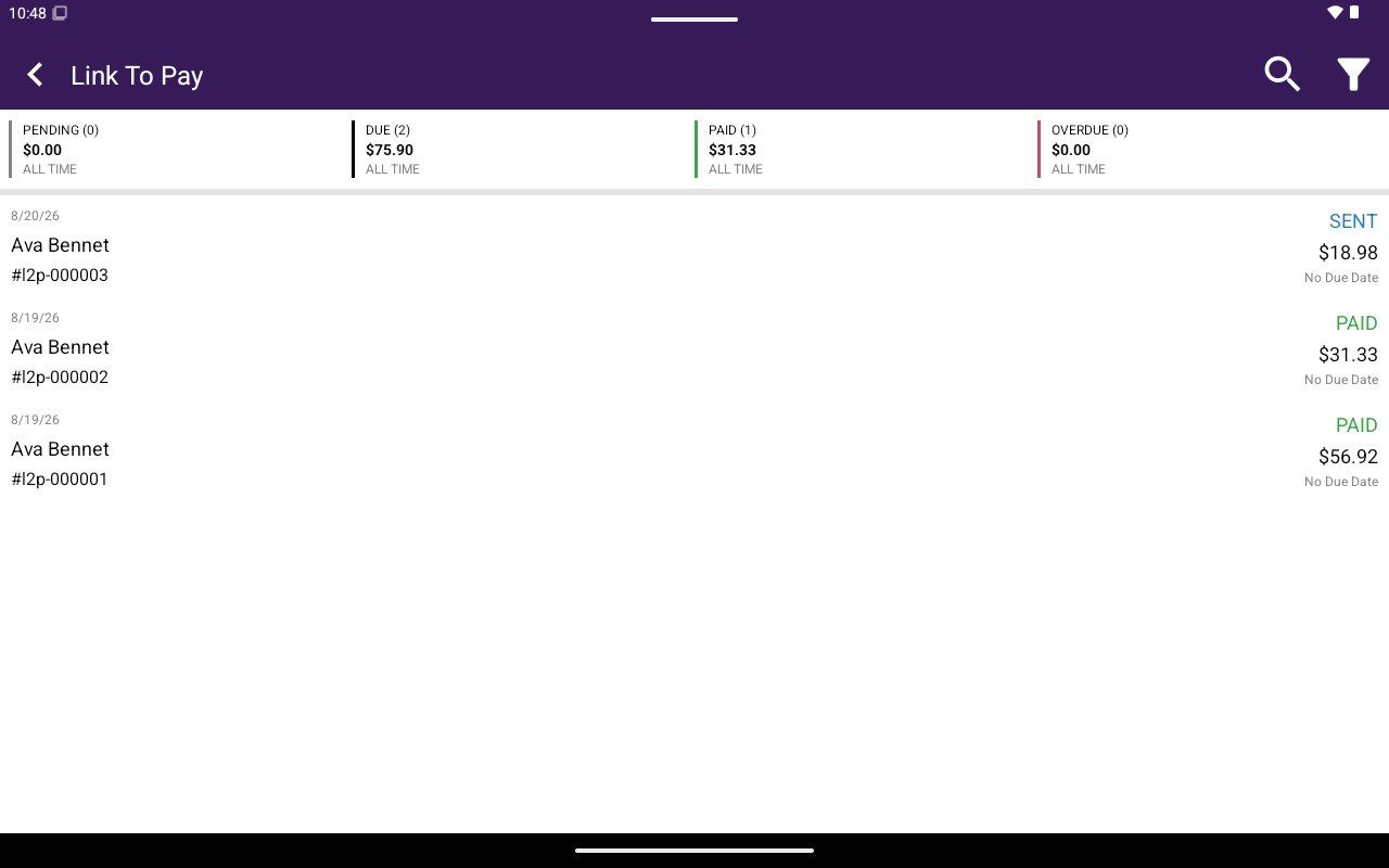 Link To Pay list with PENDING / DUE / PAID / OVERDUE summary cards