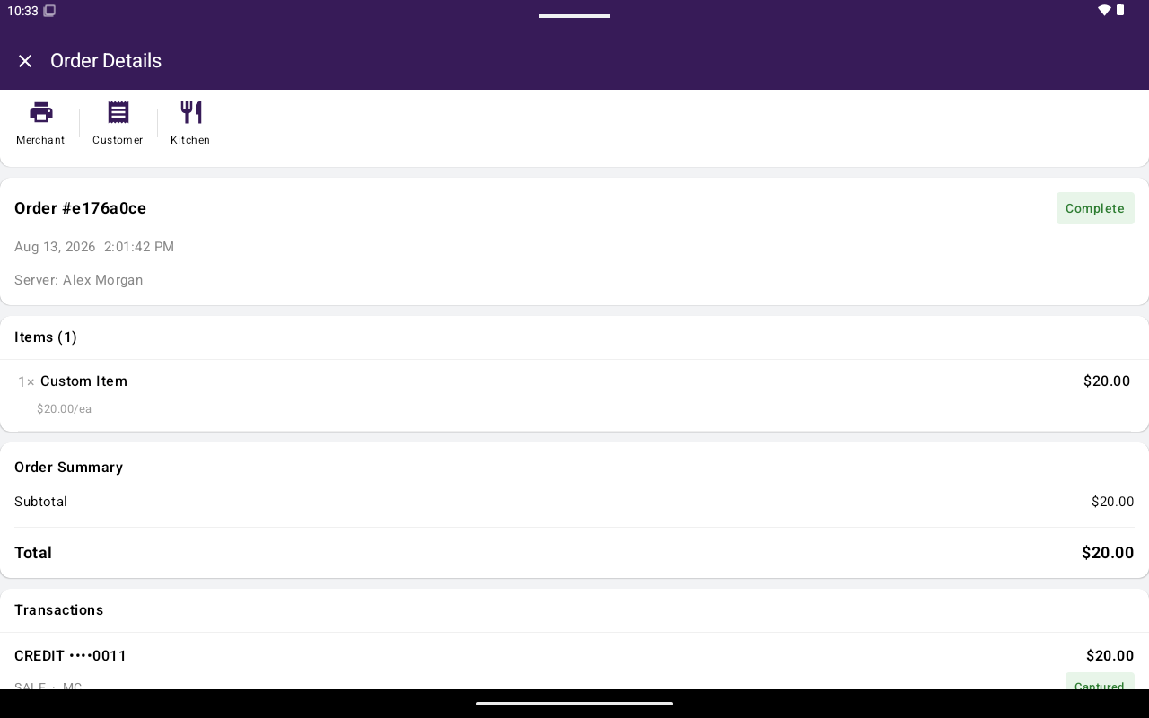 Order Details with totals and print menu