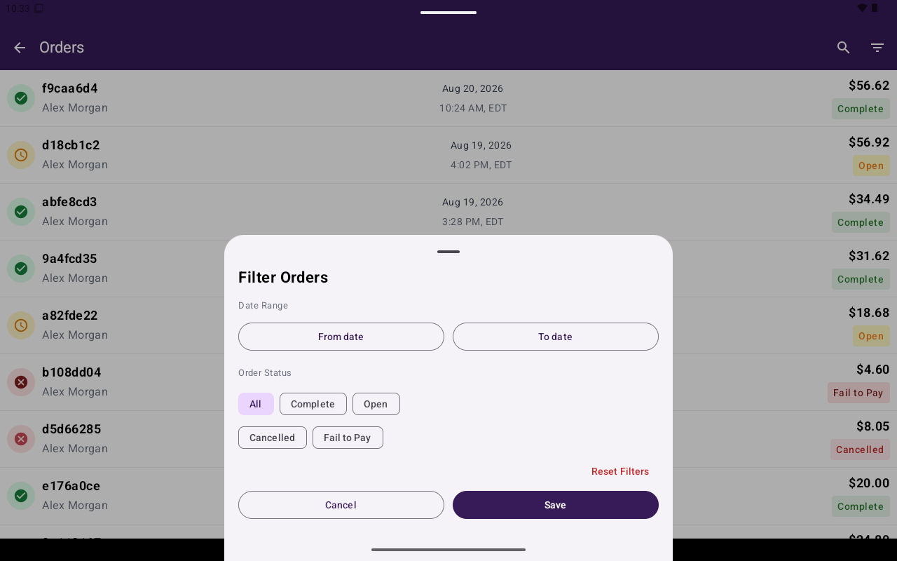 Filter Orders with date range and status chips