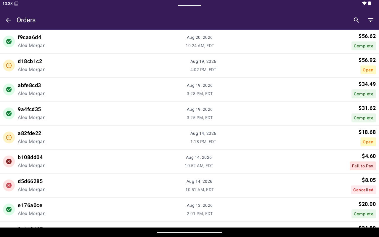 liste Commandes avec Nom, Date/heure, Total et pastilles de statut