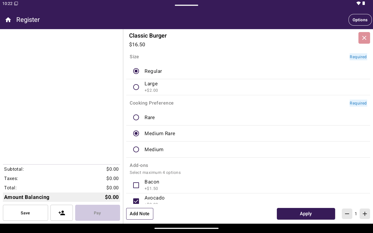 Add-to-cart screen with modifiers, quantity, and Apply