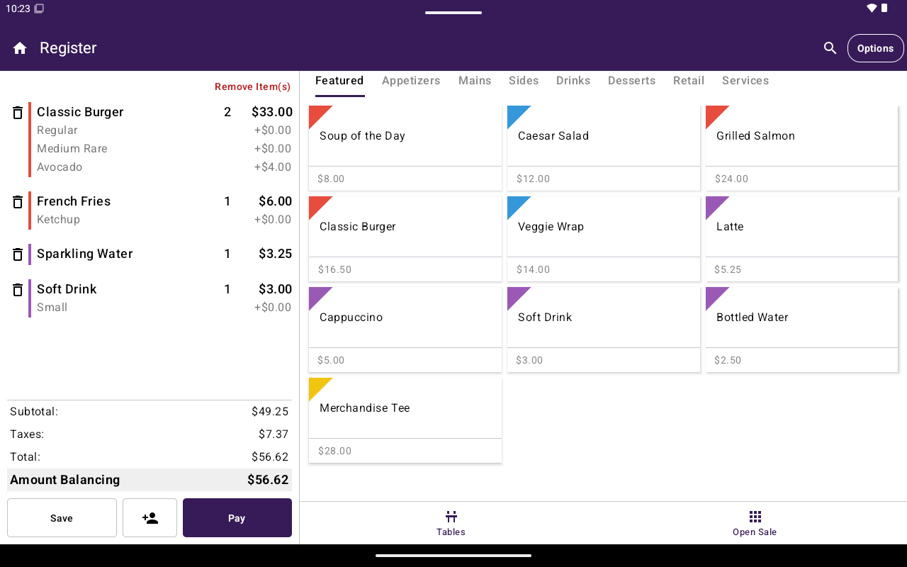 Register cart with line items, totals, Save, and Pay