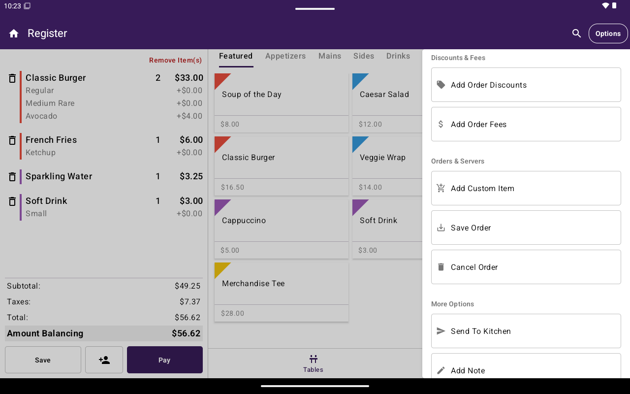 Register Options side menu fully expanded
