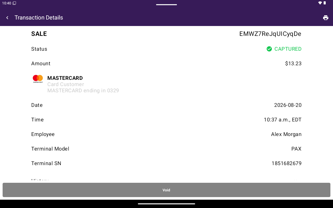 Détails de la transaction avec statut, montant et boutons d'action