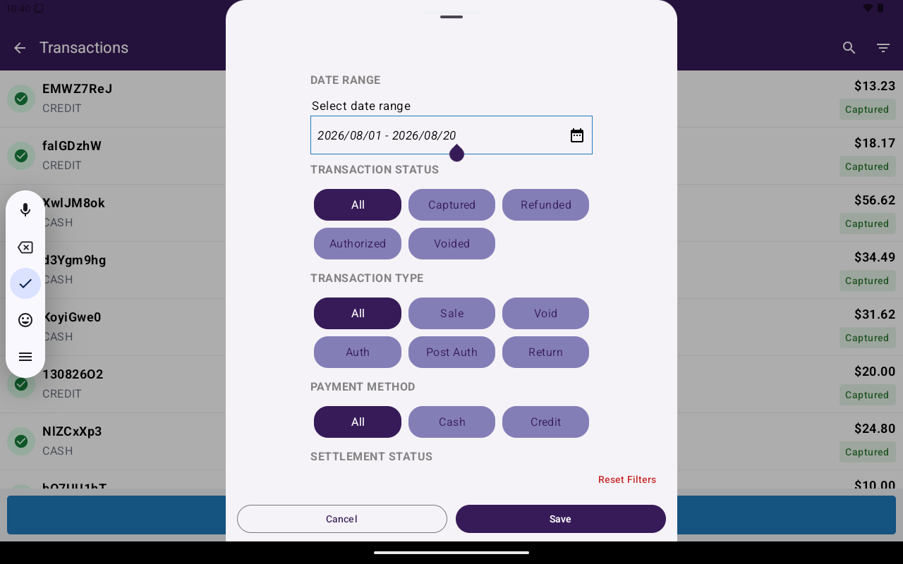 Filter Transactions screen with status and type chips