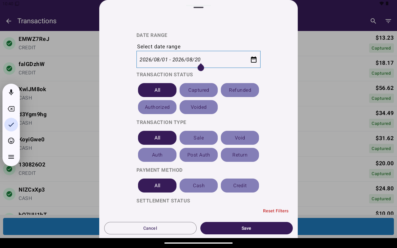 Filter Transactions screen with status and type chips