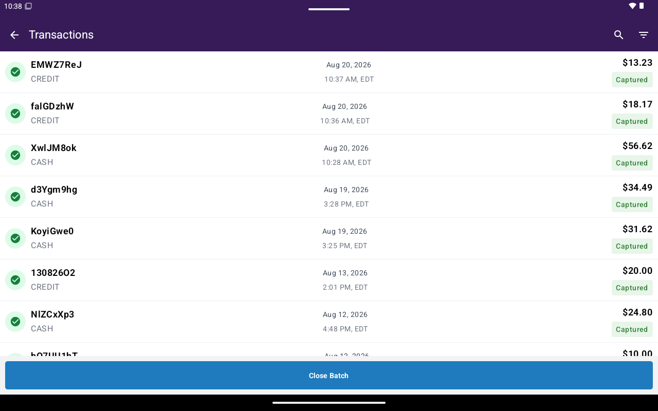 Transactions list with ID, Date/Time, and Total columns