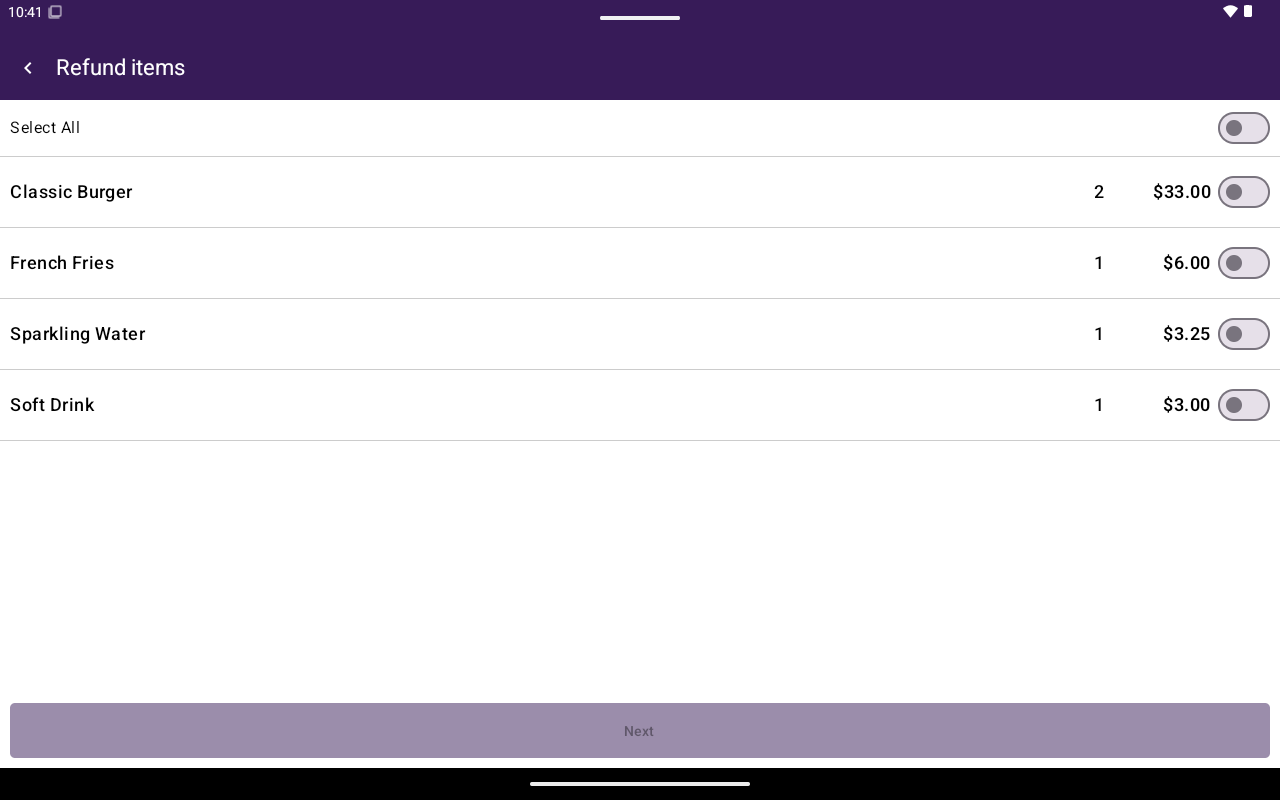 Itemized refund item picker with Select All