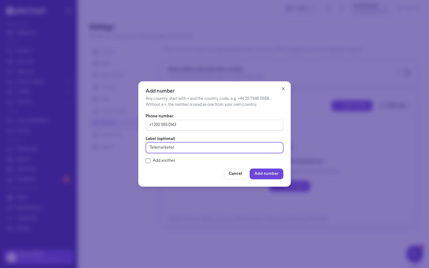 Add number dialog with a US demo number and a Telemarketer label entered