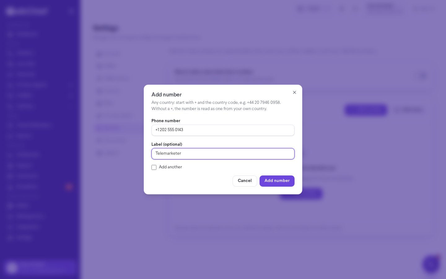 Add number dialog with a US demo number and a Telemarketer label entered