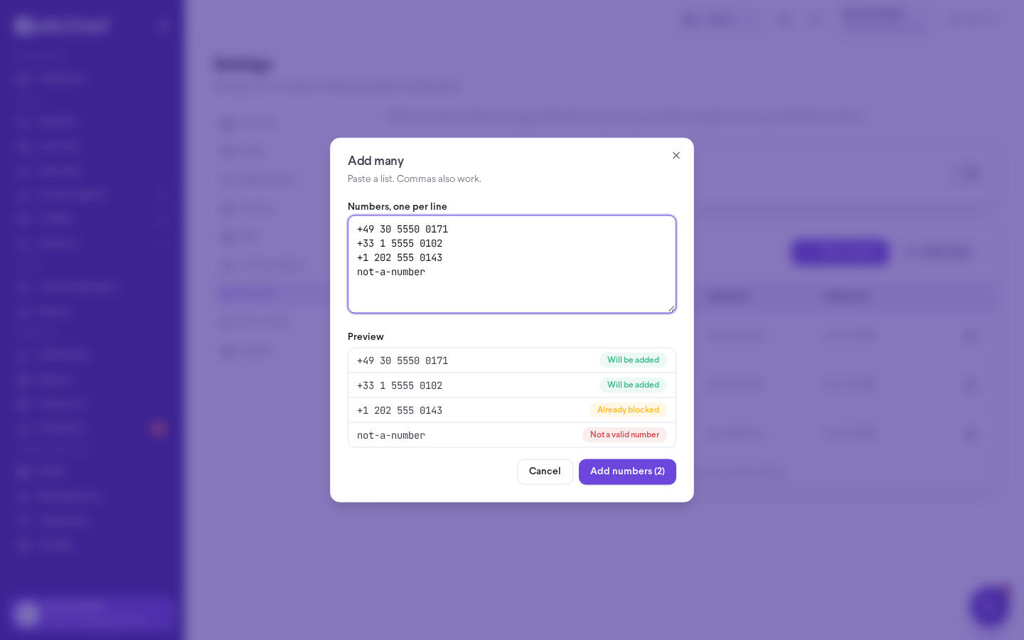 Add many dialog with a pasted list and a preview marking valid, duplicate, and invalid entries