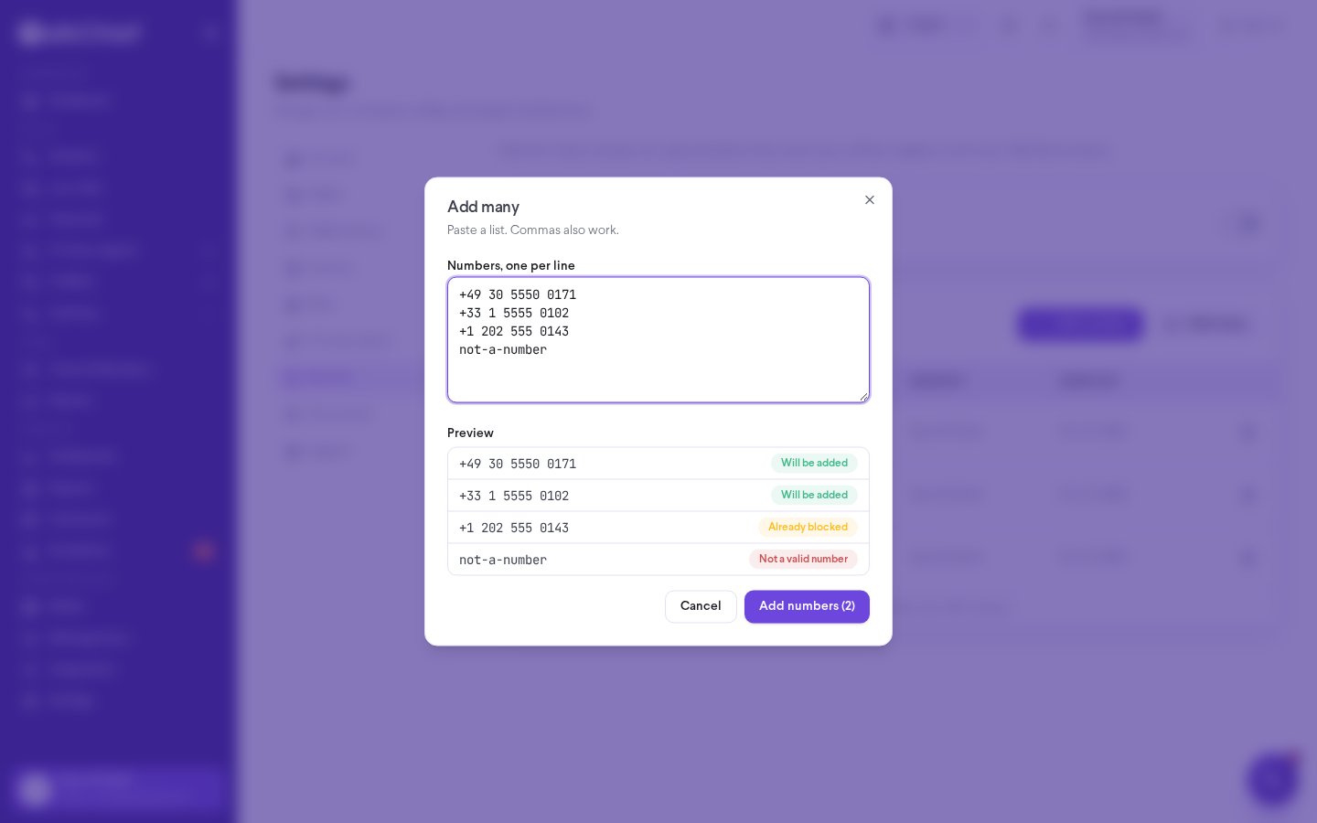 Add many dialog with a pasted list and a preview marking valid, duplicate, and invalid entries