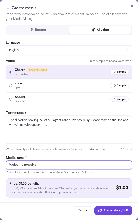 AI voice tab with English selected, the recommended voice, the text to speak, a media name, and the price per clip