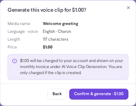 Confirmation asking to generate the voice clip, with the media name, voice, length, and price