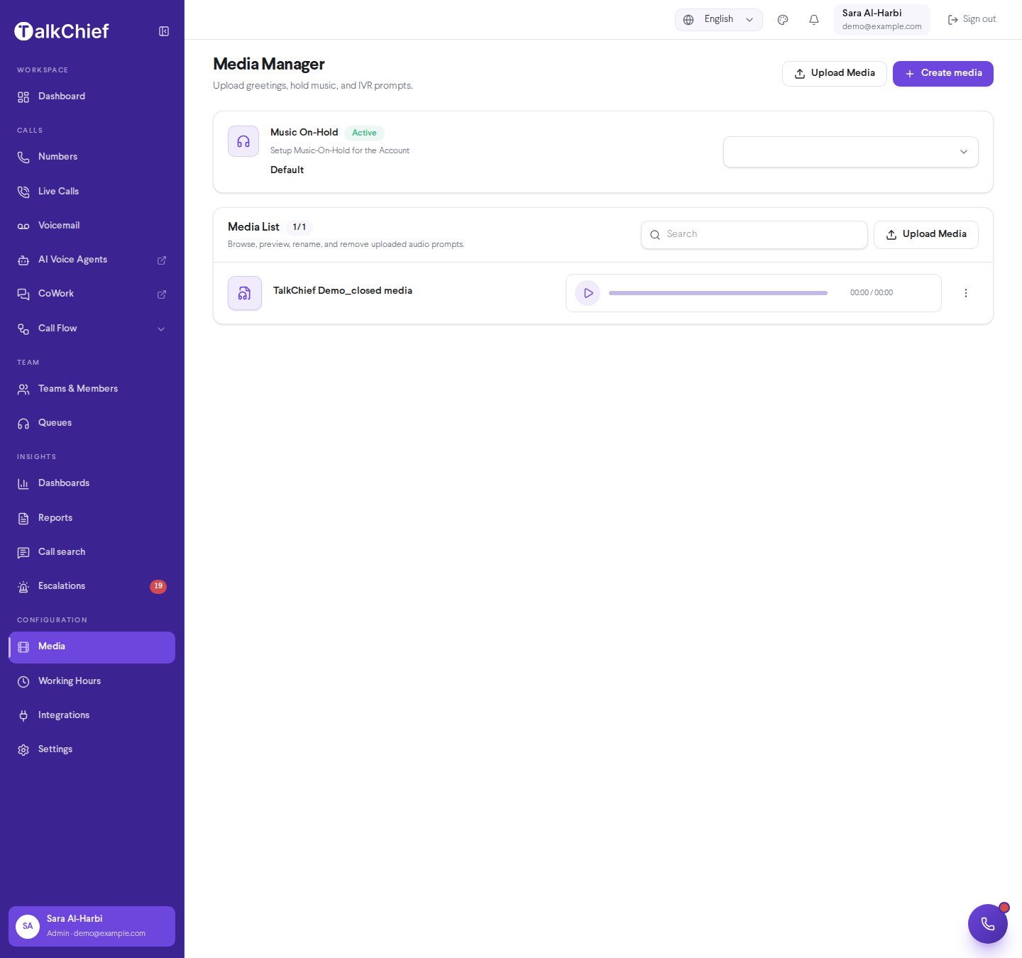 Media Manager with the Create media button next to Upload Media