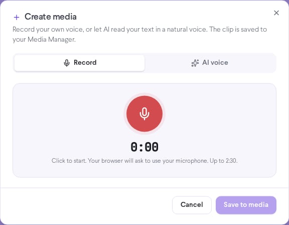 Create media window on the Record tab with the record button and timer