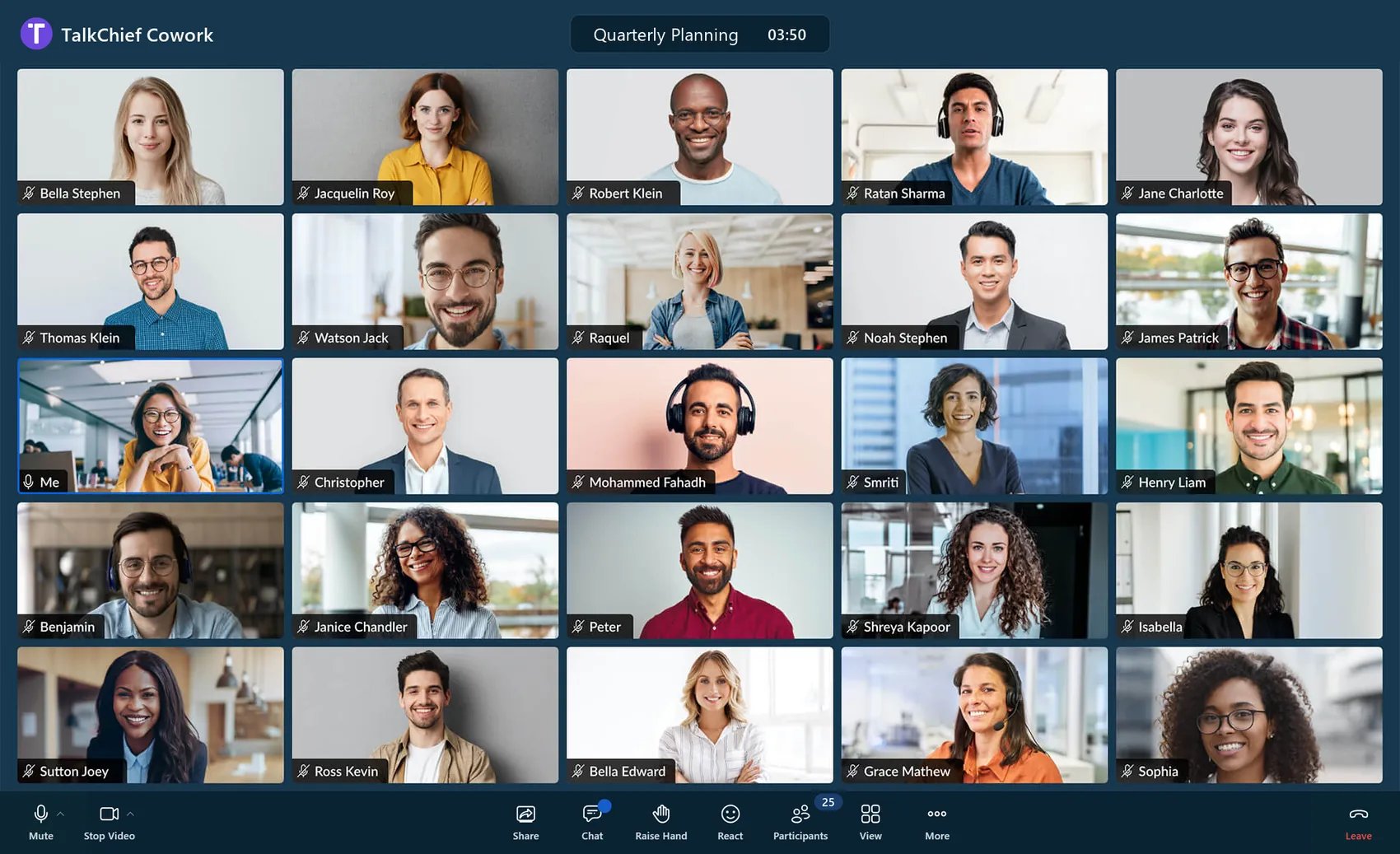 A TalkChief CoWork meeting with 25 people in tile view, the meeting title and timer on top, and the meeting toolbar at the bottom. Marketing illustration
