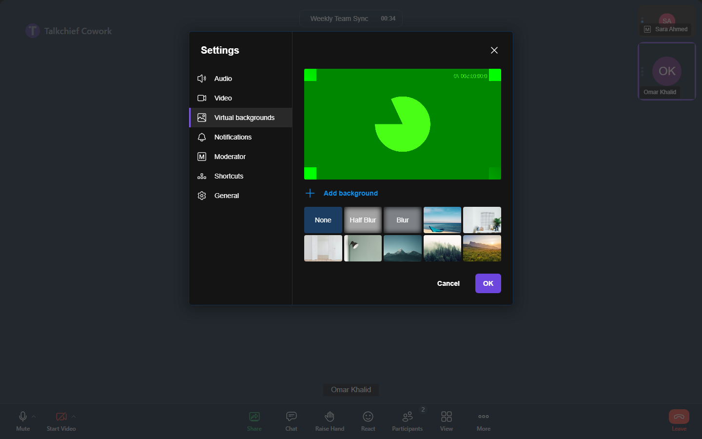 The background picker with blur and image choices and a live preview