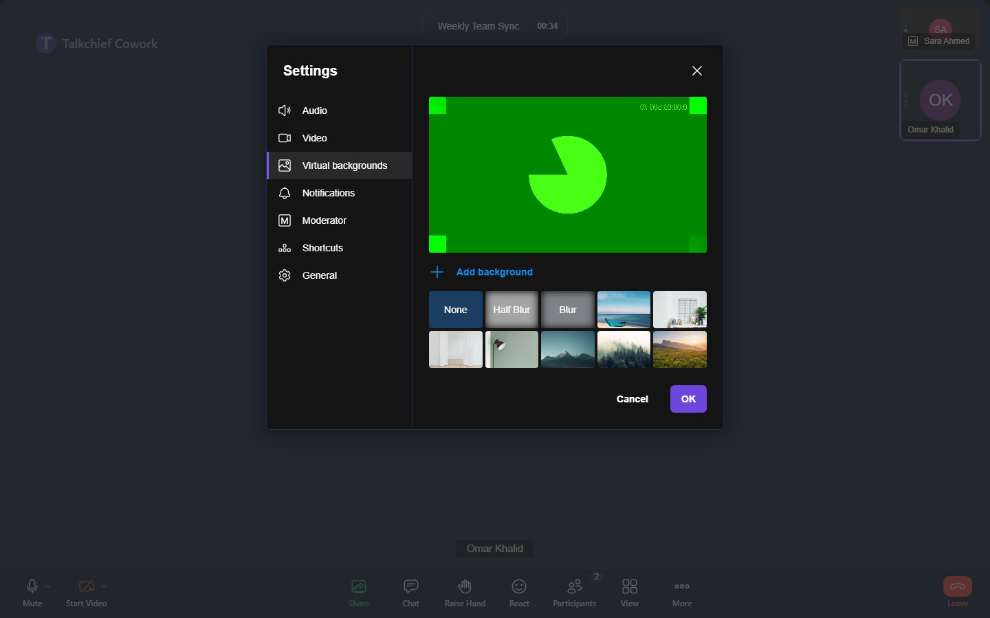 The background picker with blur and image choices and a live preview