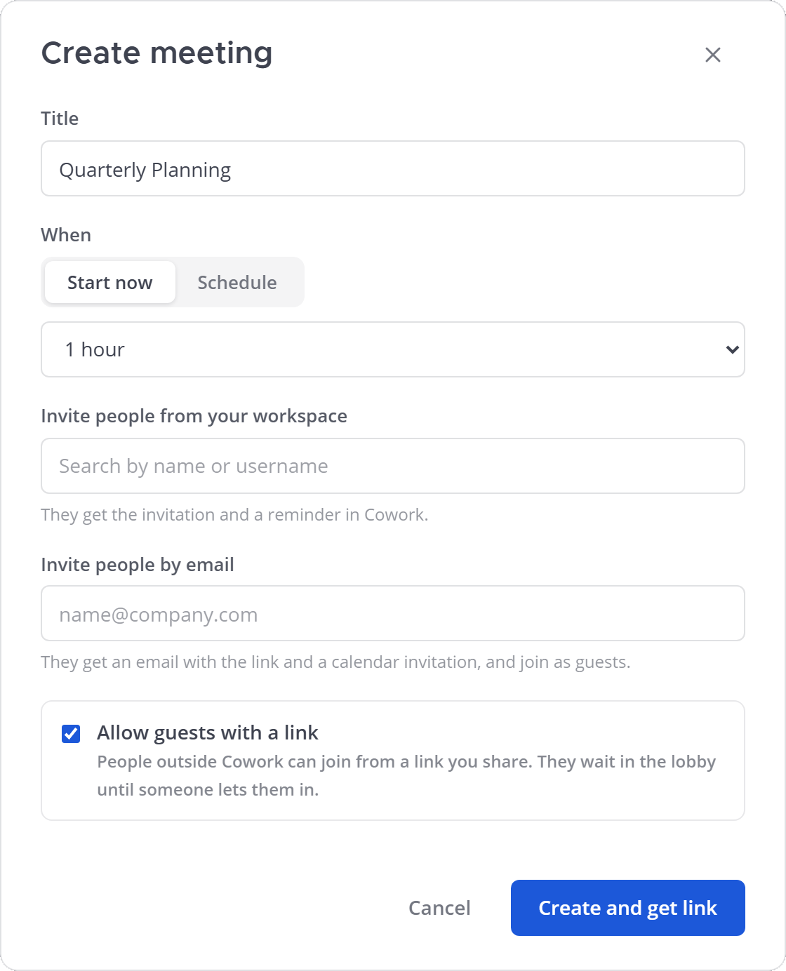 The Create meeting dialog with the meeting title, Start now or Schedule, invitations for workspace members and by email, and the guest option
