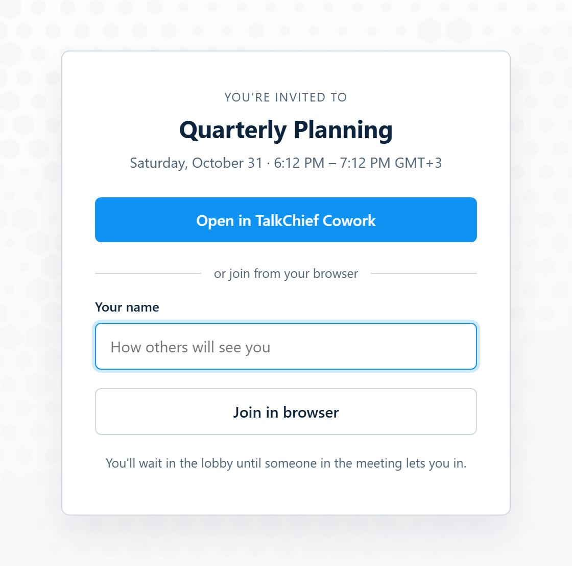 The guest page with Open in TalkChief Cowork, or a name field and Join in browser. The link is a placeholder