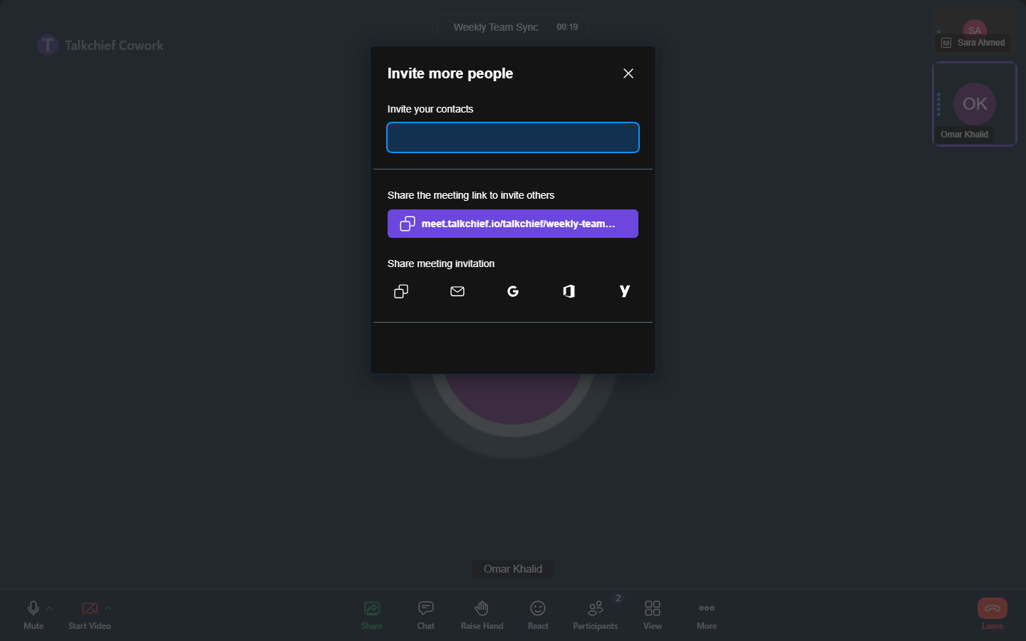 The Invite people dialog: search your workspace to invite members, copy the meeting link, or share the invitation