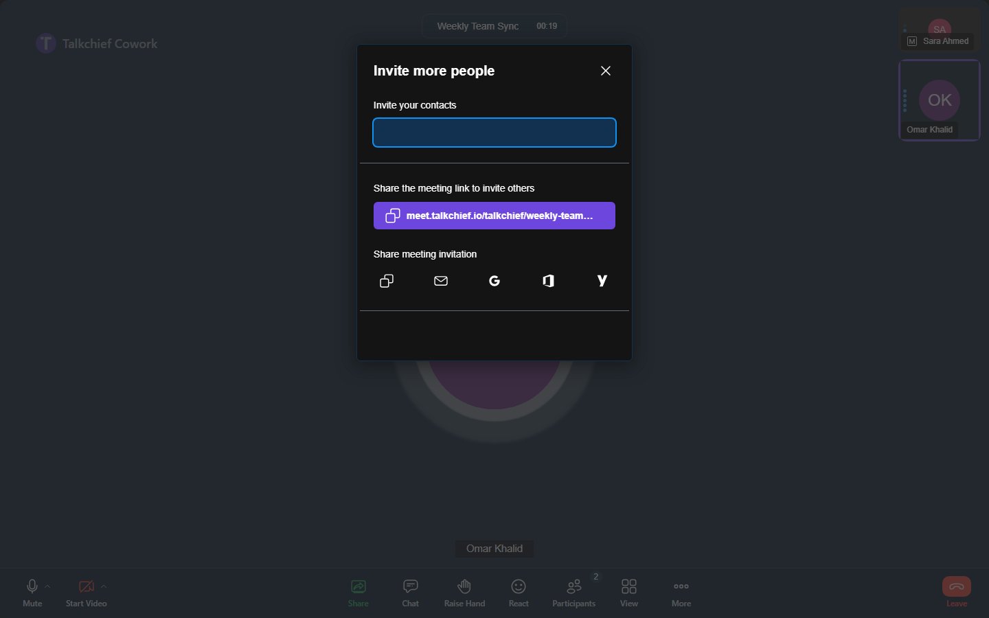 The Invite people dialog: search your workspace to invite members, copy the meeting link, or share the invitation