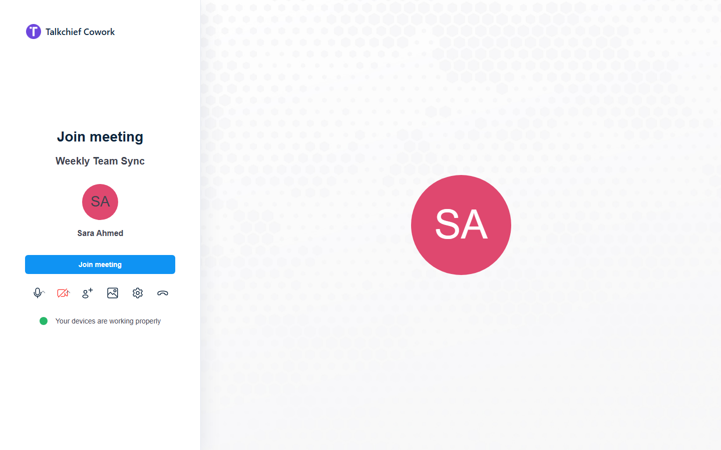 The join screen before entering a meeting, with your name and avatar, the Join meeting button, and buttons for microphone, camera, invite, background, and settings