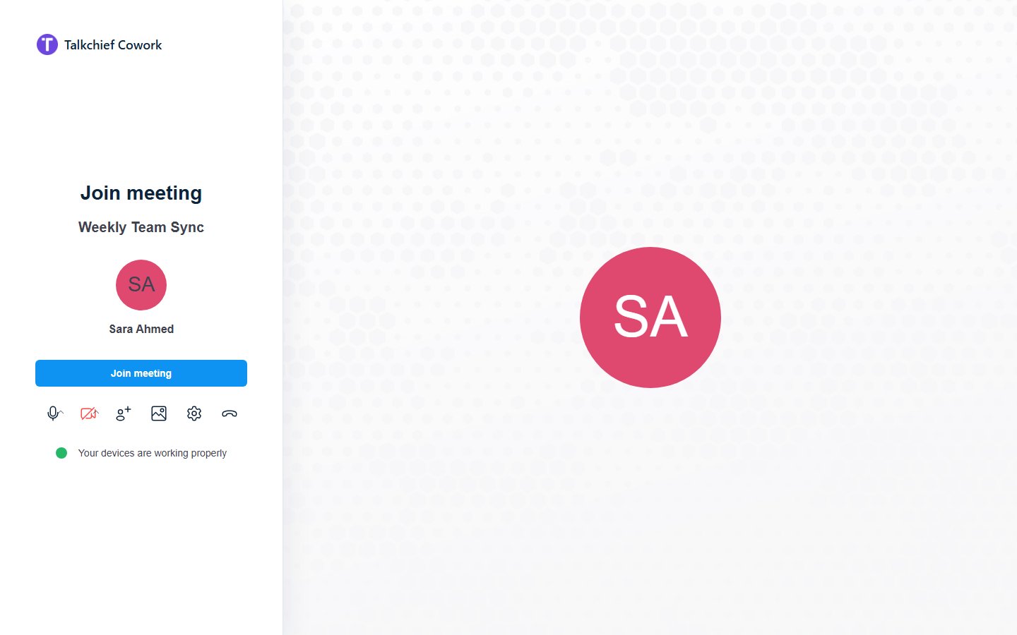 The join screen before entering a meeting, with your name and avatar, the Join meeting button, and buttons for microphone, camera, invite, background, and settings
