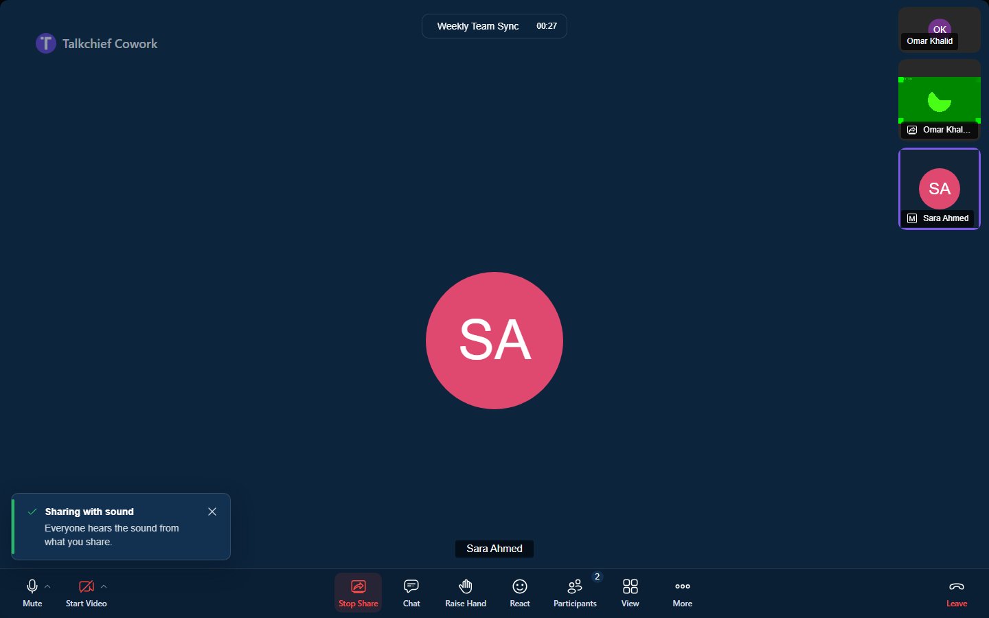 The person sharing sees a red Stop Share button and a note saying whether the share includes sound