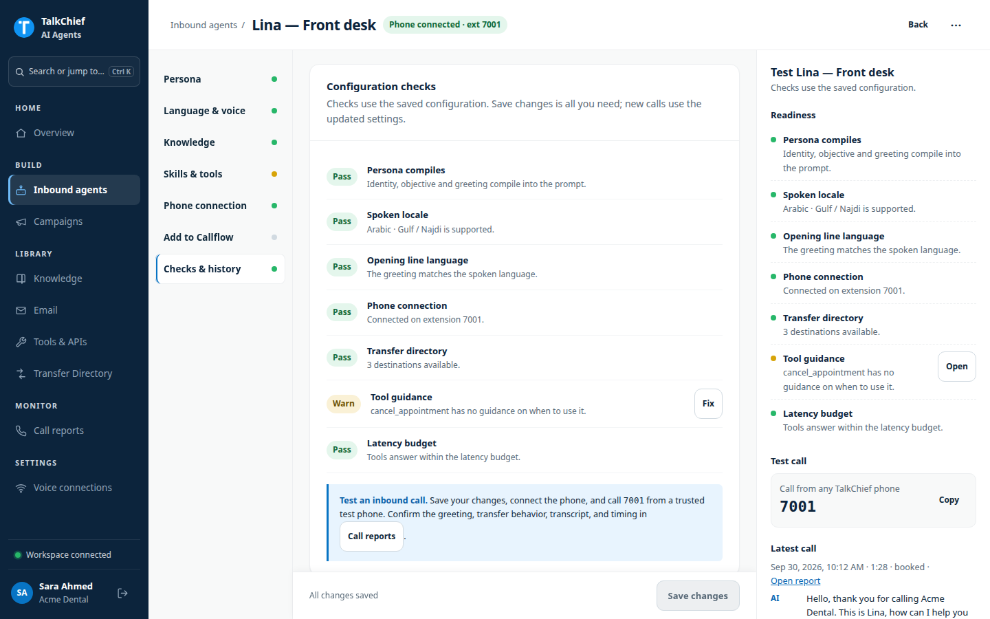 The Checks & history section with Configuration checks showing mostly Pass badges and one Warn with a Fix button.