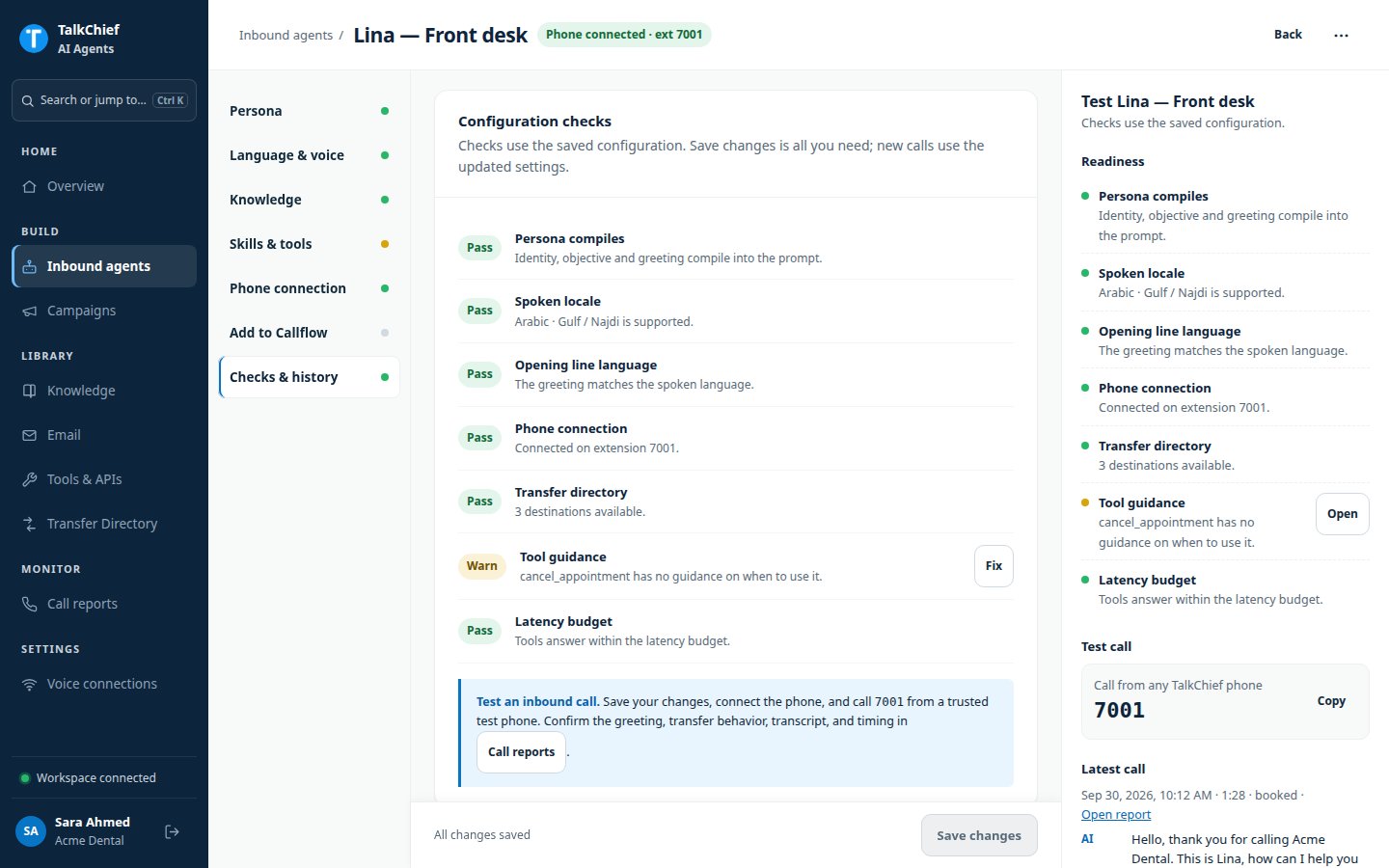 The Checks & history section with Configuration checks showing mostly Pass badges and one Warn with a Fix button.