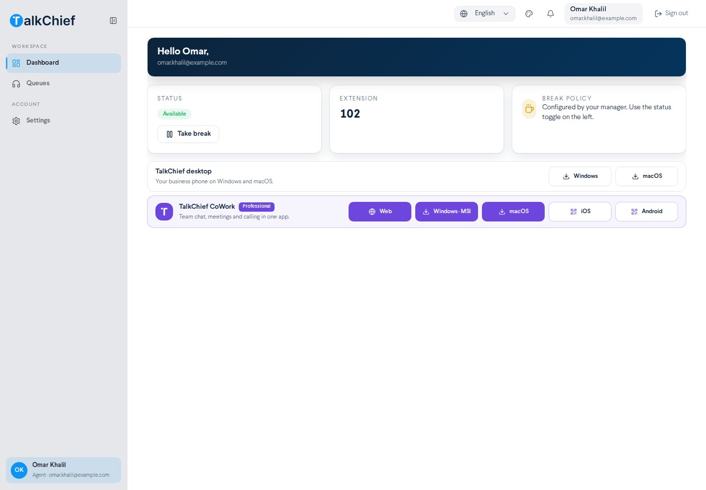 Agent dashboard for a demo agent showing the greeting, the Status card with Available and Take break, the Extension card, the Break policy card, and the desktop app downloads