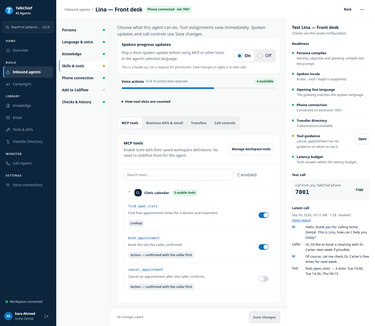 The agent's Skills & tools section with the Voice actions meter, the tab row, and the MCP tools list with two tools enabled.