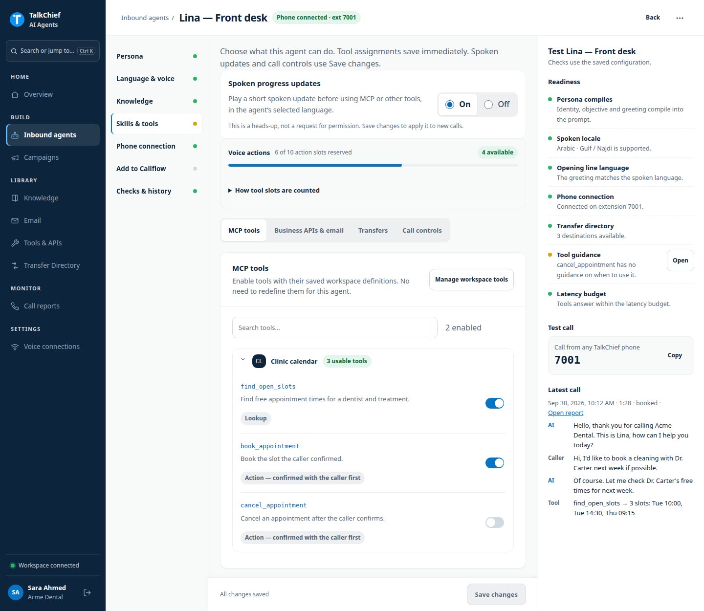 The agent's Skills & tools section with the Voice actions meter, the tab row, and the MCP tools list with two tools enabled.