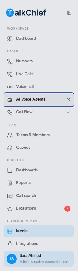 TalkChief web app sidebar with the AI Voice Agents item highlighted under the calls group.