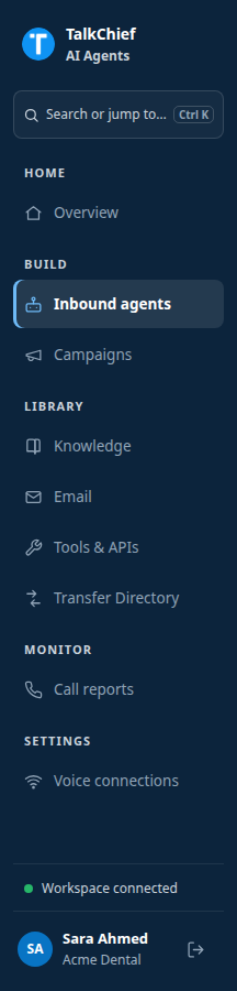 Agents workspace sidebar showing the Home, Build, Library, Monitor, and Settings groups with Inbound agents selected.