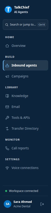 Agents workspace sidebar showing the Home, Build, Library, Monitor, and Settings groups with Inbound agents selected.
