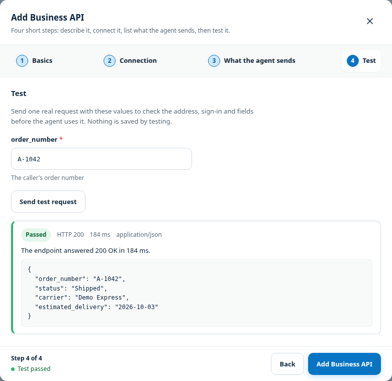 The Add Business API dialog on step 4 Test, showing a Passed result for a fake order lookup endpoint.