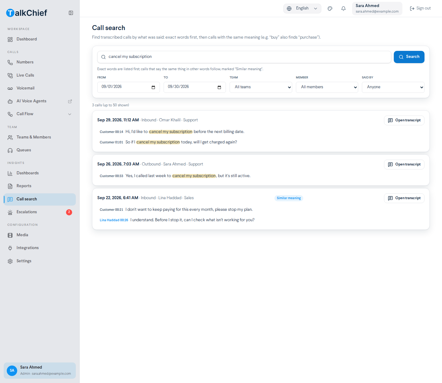 Call search results list with exact-word results showing highlighted matches, followed by a result marked Similar meaning, each with an Open transcript button