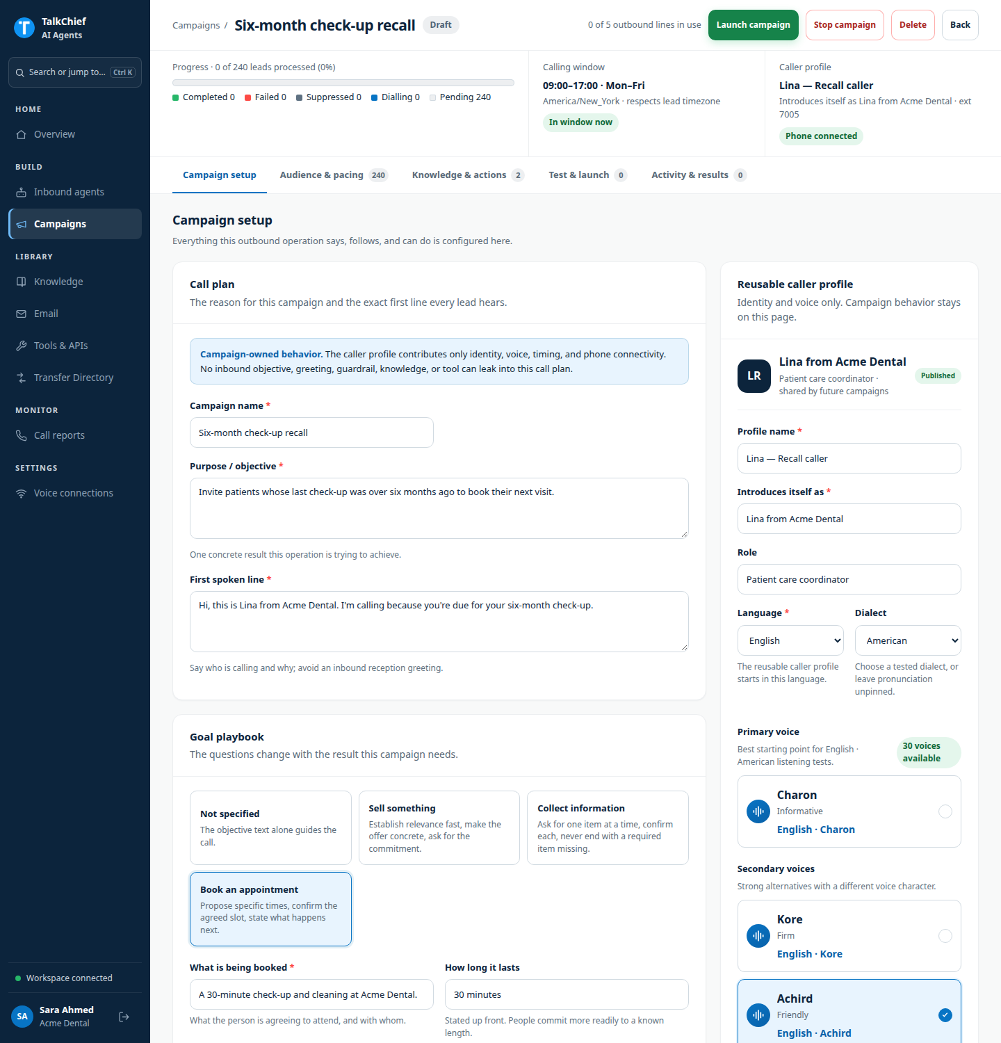 Campaign setup showing the Call plan and Goal playbook cards on the left and the Reusable caller profile card on the right.