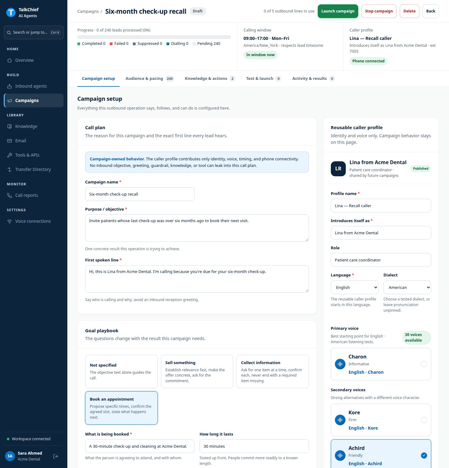 Campaign setup showing the Call plan and Goal playbook cards on the left and the Reusable caller profile card on the right.