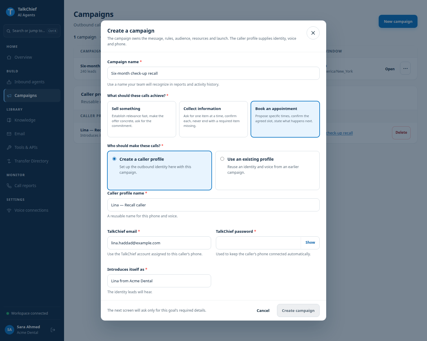 The Create a campaign dialog with a campaign name, the Book an appointment goal selected, and Create a caller profile chosen.