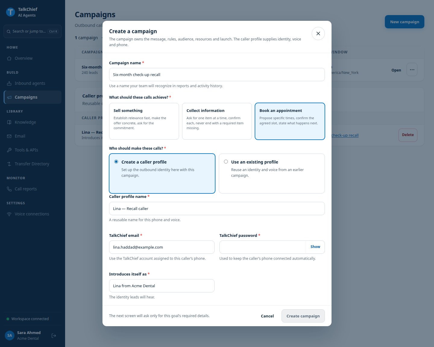The Create a campaign dialog with a campaign name, the Book an appointment goal selected, and Create a caller profile chosen.