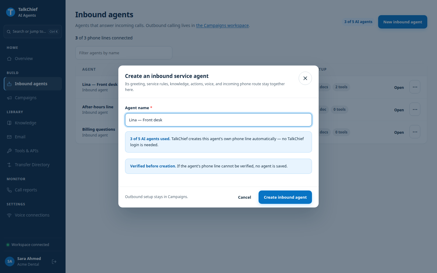 The Create an inbound service agent dialog with Agent name filled in and the AI agents usage note.