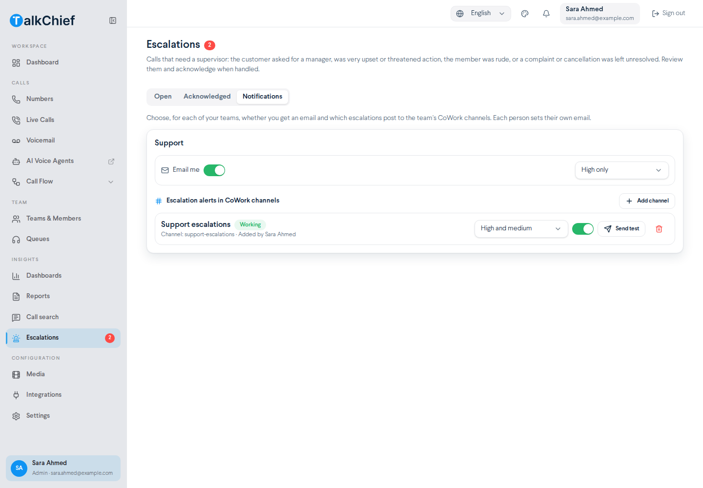 Escalations > Notifications tab, one team card with the Email me switch and 'High only' selector, and a connected CoWork channel row with a Working status, severity selector, on switch, Send test and Disconnect