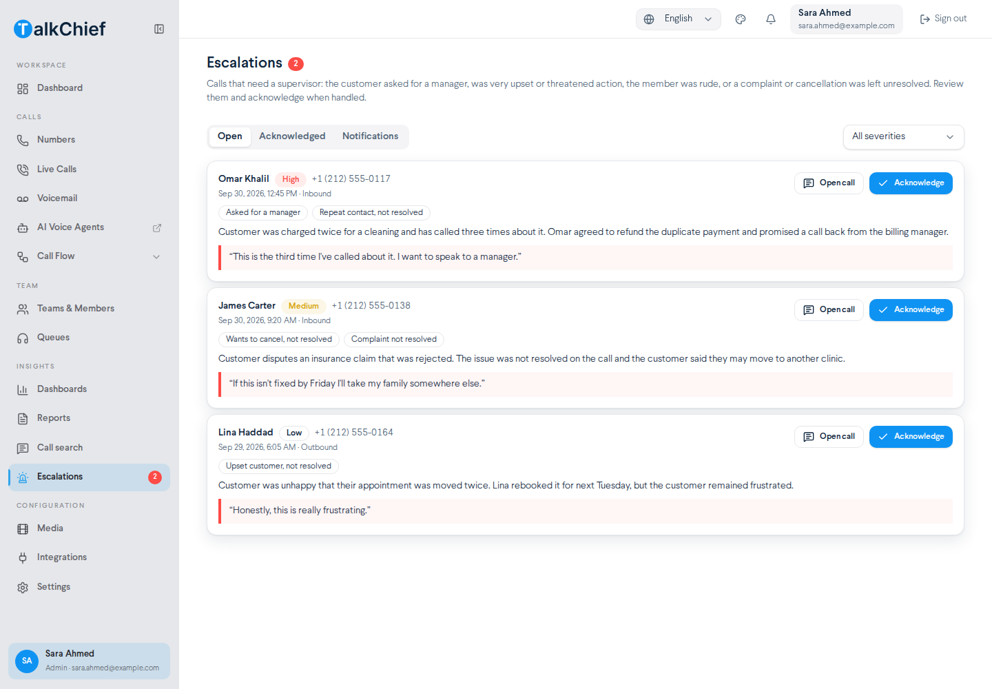 Insights > Escalations, Open tab with the open-count badge, severity filter, and cards showing a High badge, reason chips such as 'Asked for a manager', a summary, the quoted escalation line, and Open call and Acknowledge buttons