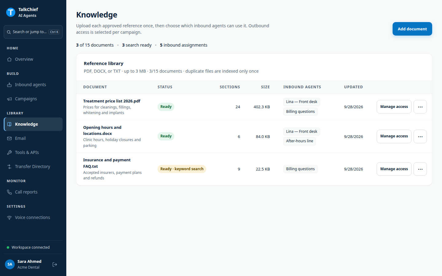 The Knowledge page Reference library table with three fake documents, their status badges, and the 3 of 15 documents counter.
