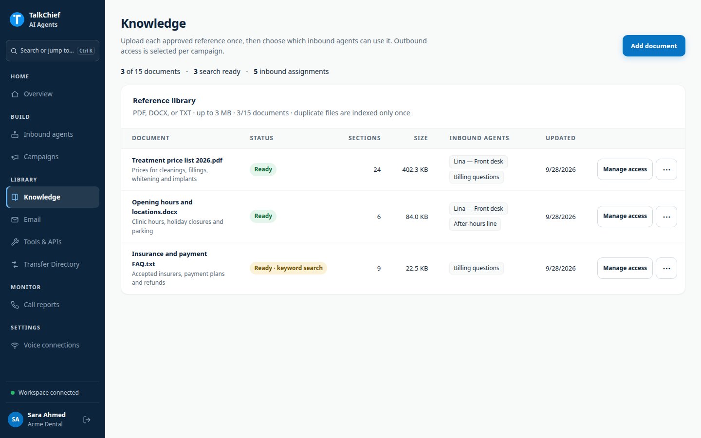 The Knowledge page Reference library table with three fake documents, their status badges, and the 3 of 15 documents counter.